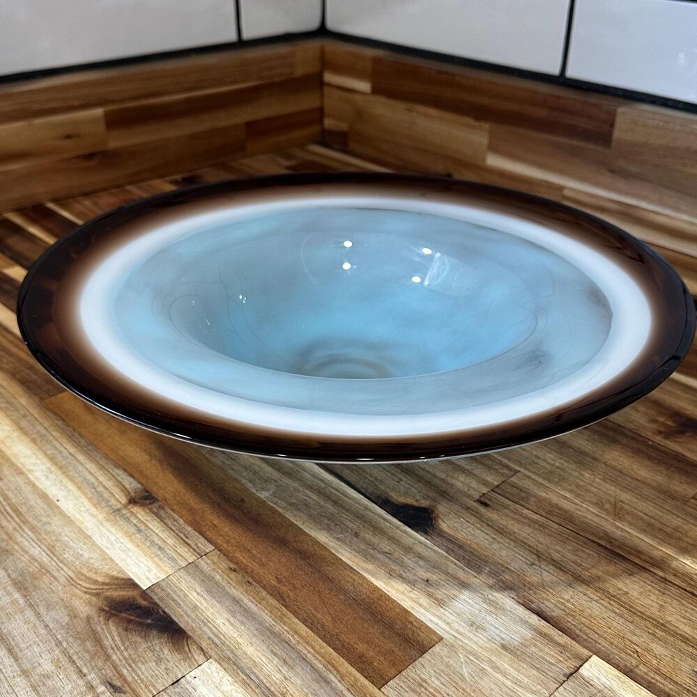 Hand-Blown Art Glass Centerpiece Bowl - Sky Blue w/ Deep Brown Trim